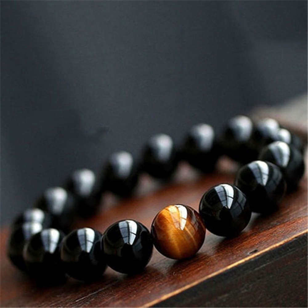 Mens Tiger's Eye Black Agate Bead Stretch Bracelet - Picture 2 of 8